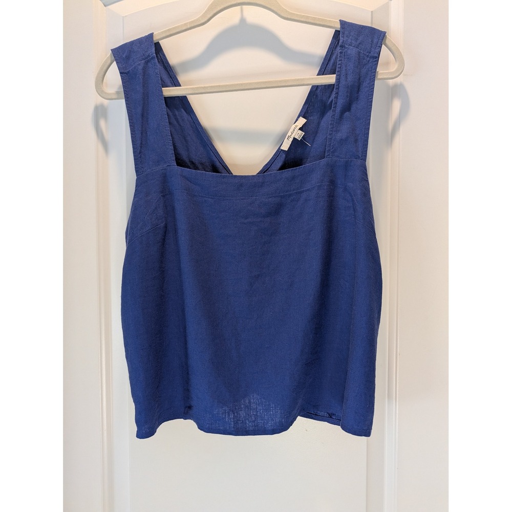 Madewell Blue Linen Blend Crossover Back Tank Top Square Neck NI989 Size 10 NWT